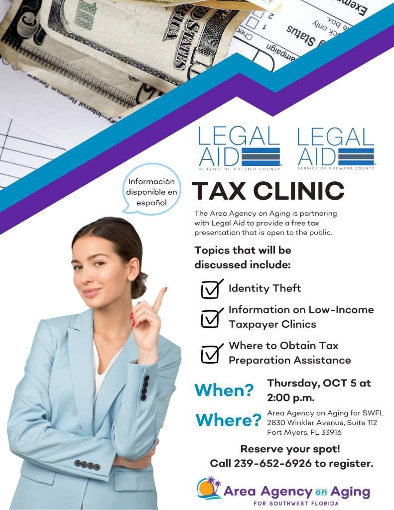 The Area Agency on Aging is partnering with legal aid to provide a free tax presentation that is open to the public. Topics that will be discussed include: identity theft, information on low-income taxpayer clinics, and where to obtain tax preparation assistance. Call to register.